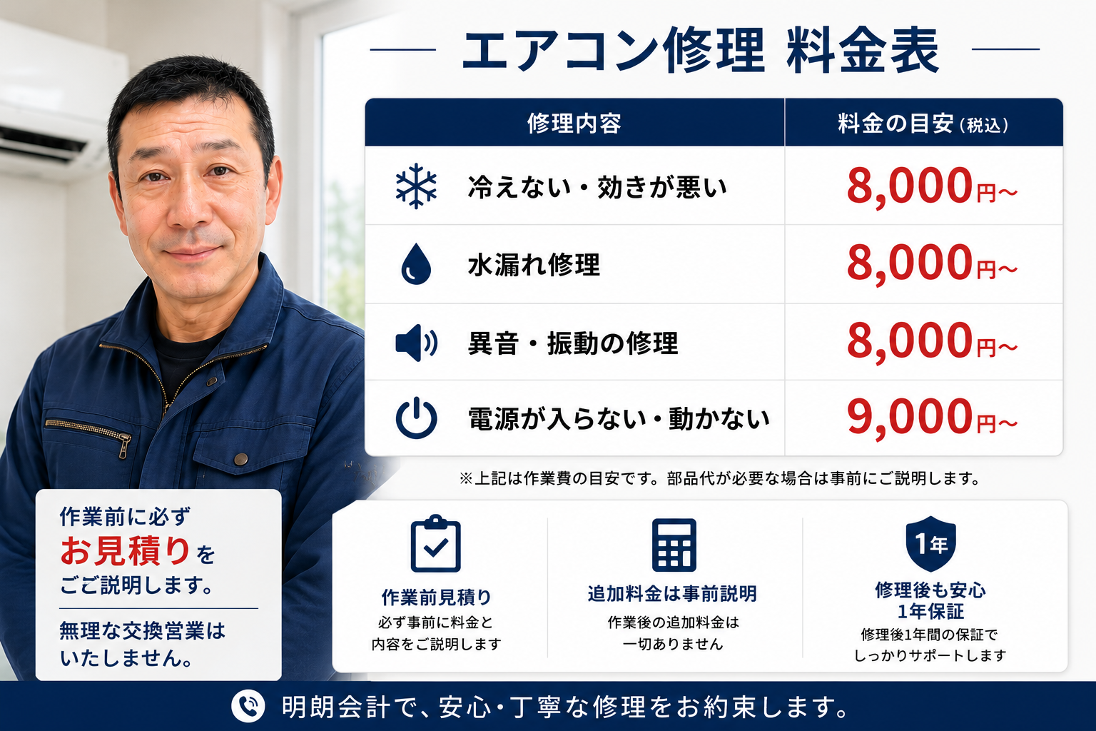 エアコン修理料金表